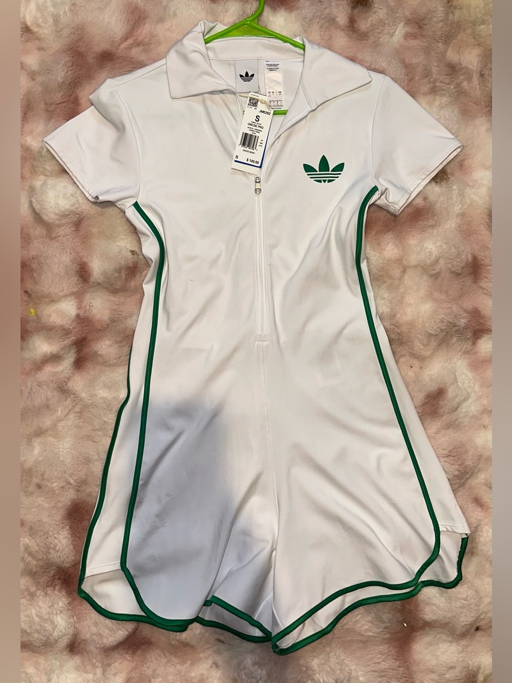 adidas White Short-Sleeve One-Piece Romper with Green Trim - Picture 3 of 4